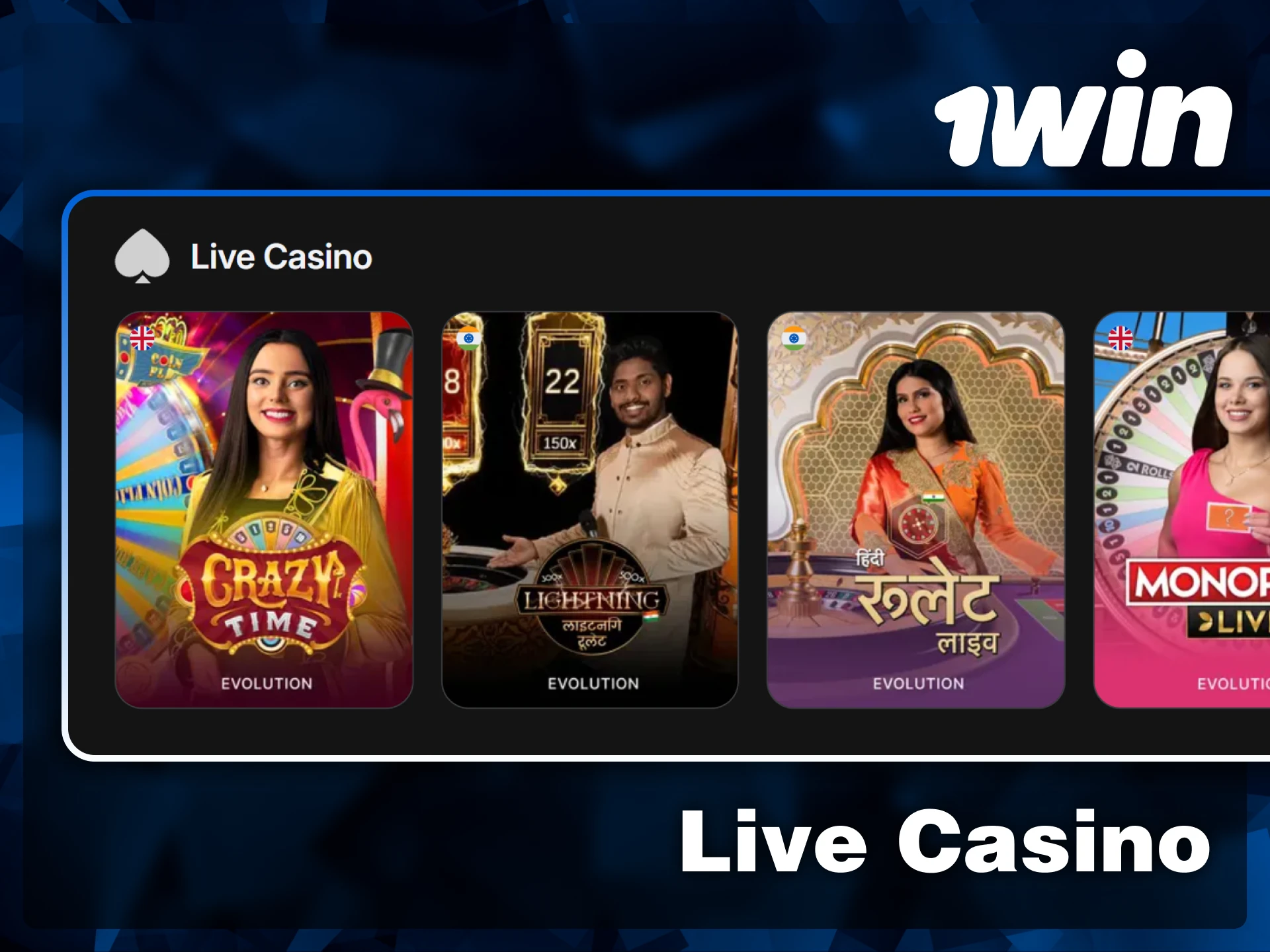 Join immersive live dealer games such as Crazy Time, Lightning Roulette, and Hindi Roulette at 1win.