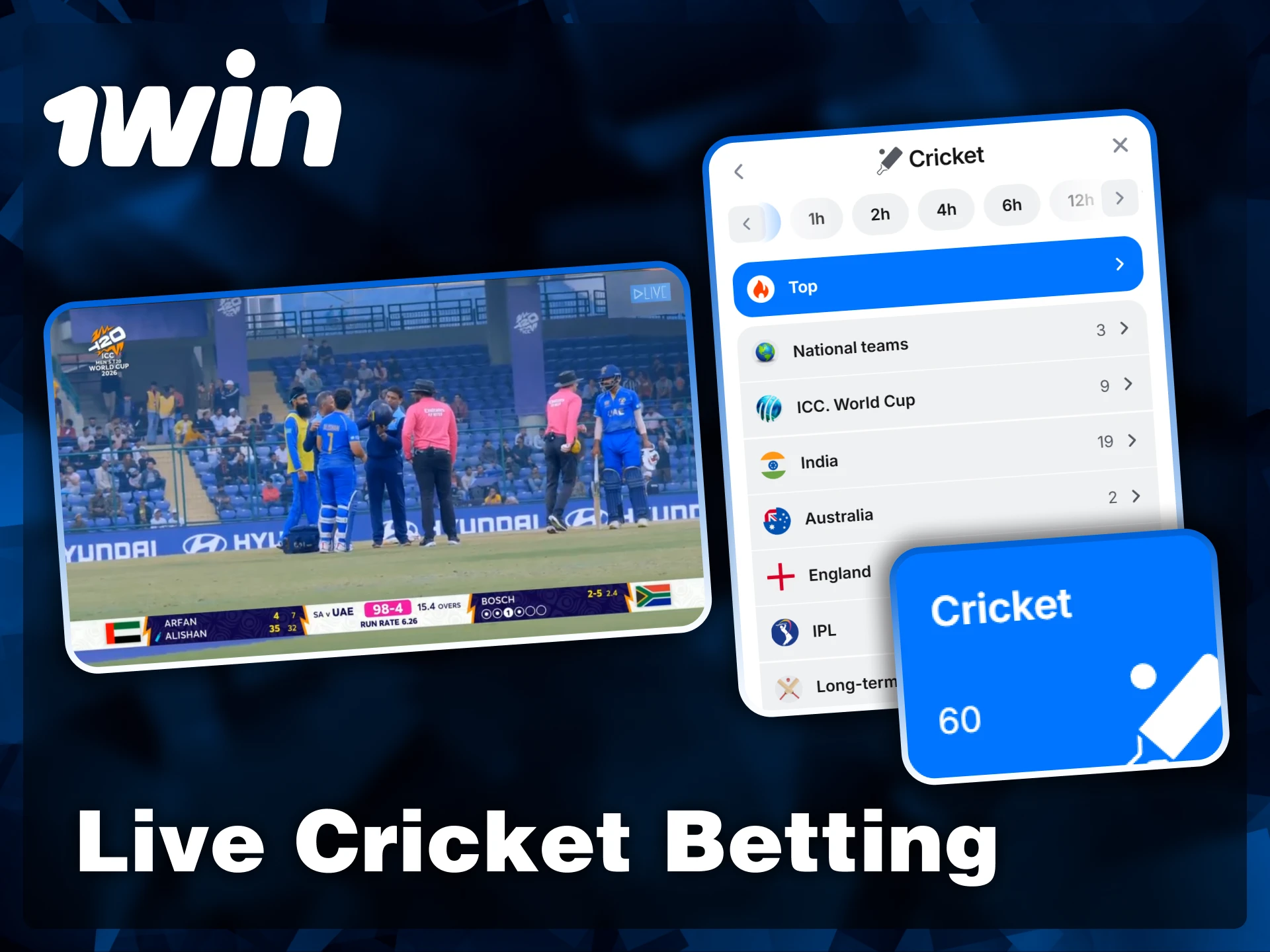 Enjoy live cricket betting on international matches, the ICC World Cup, and IPL with real-time updates at 1win.
