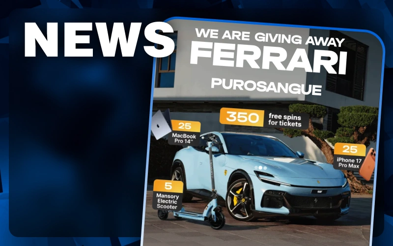 Participate in massive 1win giveaways for a chance to win a Ferrari Purosangue, MacBooks, and iPhones.