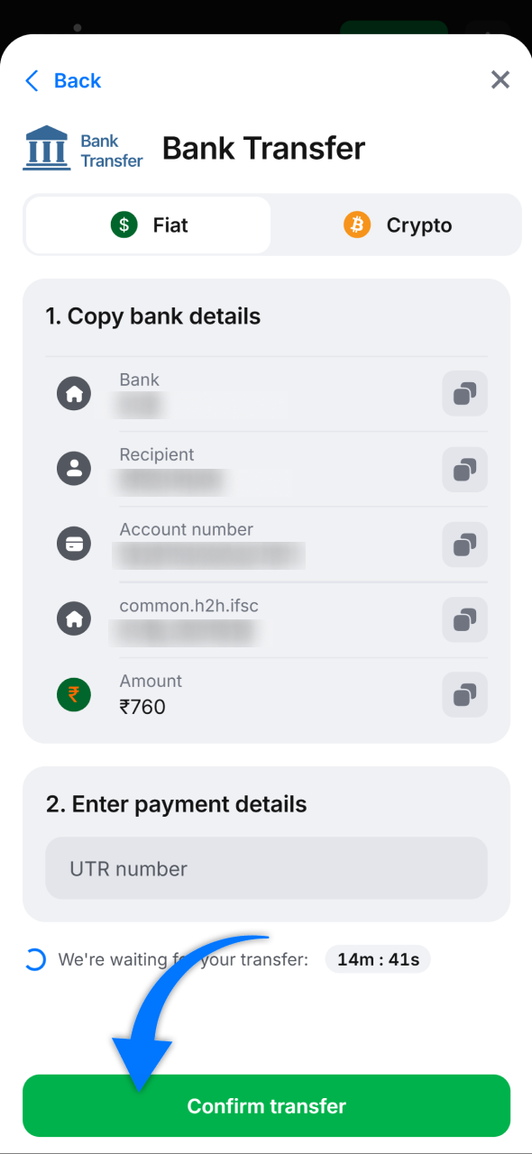 Ensure all bank transfer details are correctly entered and click Confirm transfer to finalize your account top-up at 1win.