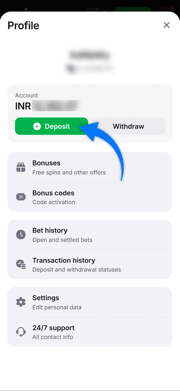 Navigate to your profile section and click the green Deposit button to fund your 1win account using local payment methods.