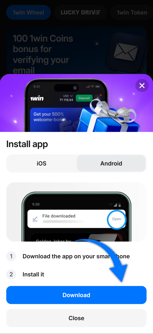 Follow the instructions to download and open the 1win mobile application for both iOS and Android smartphones.