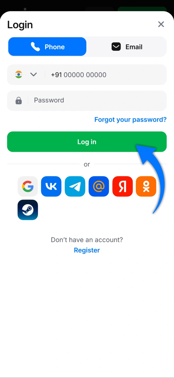 Log in to your 1win account by entering your credentials or using quick-access social media buttons like Google or Telegram.