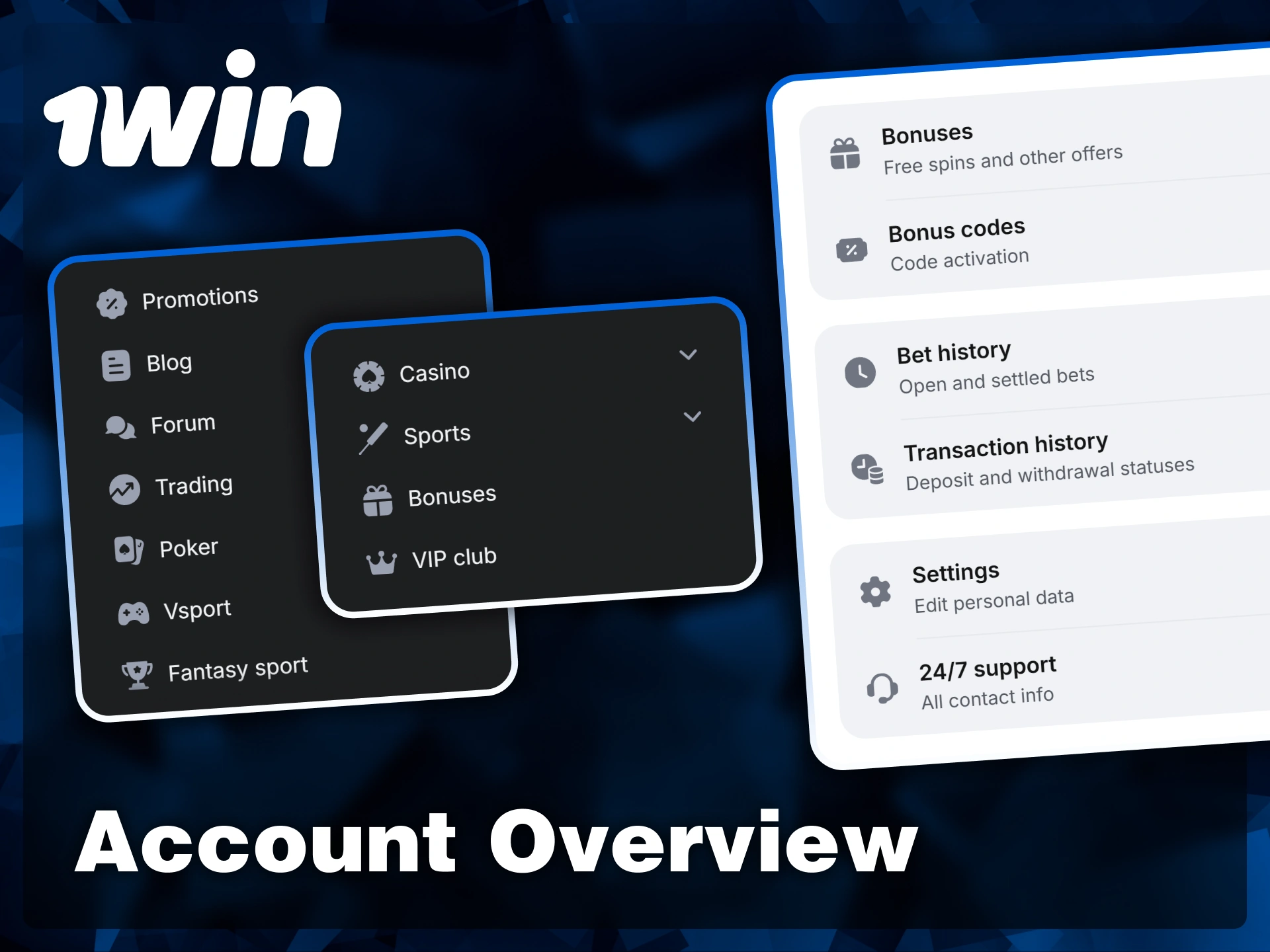 Manage your profile, view transaction history, and check active bonuses through the comprehensive 1win account dashboard.