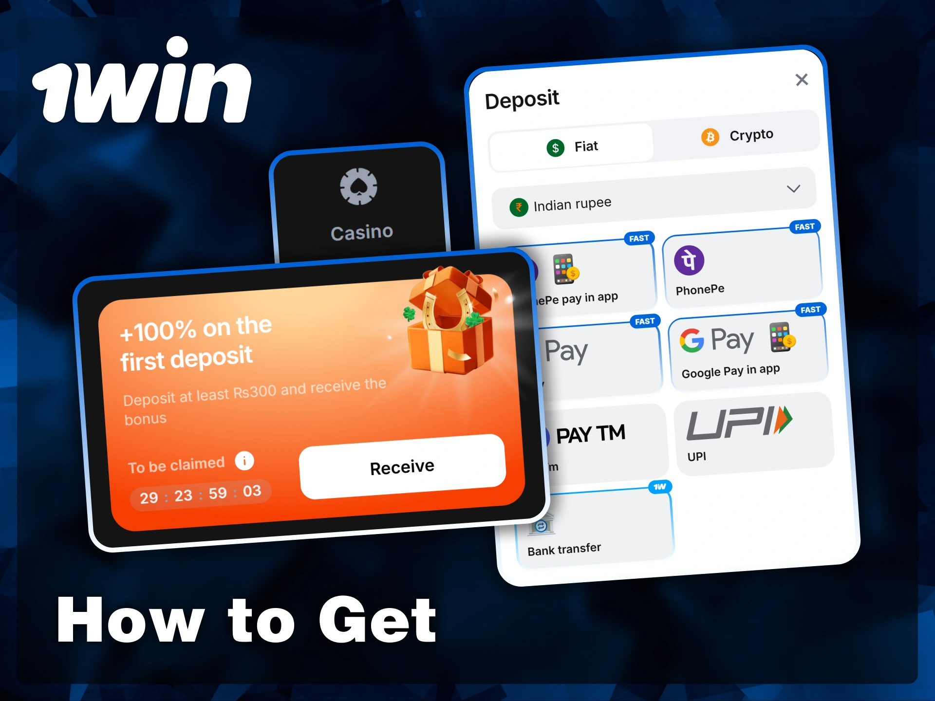 Follow the localized deposit steps to receive a first deposit bonus for the 1win casino section.