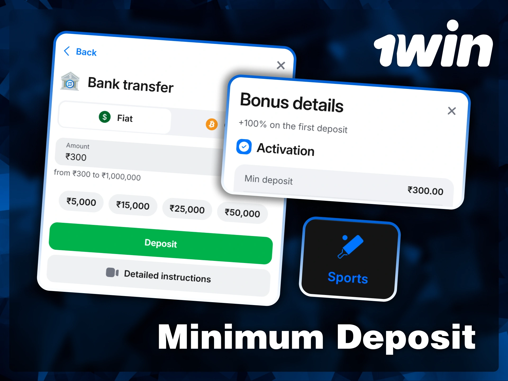 Select your bank and deposit the minimum required amount in Indian Rupees to activate your 1win sports bonus.