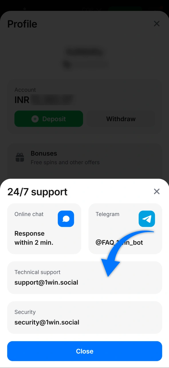 Locate the technical support email address in the 1win help section to send your account closure request.