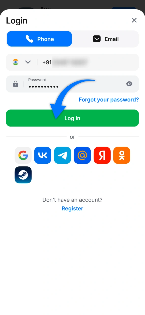Click the green Log in button on the 1win sign-in window to finalize access to your player profile.